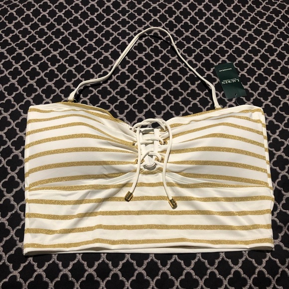 Lauren Ralph Lauren Women's Halter Swim Top Sz 16 White Gold Stripe CD20